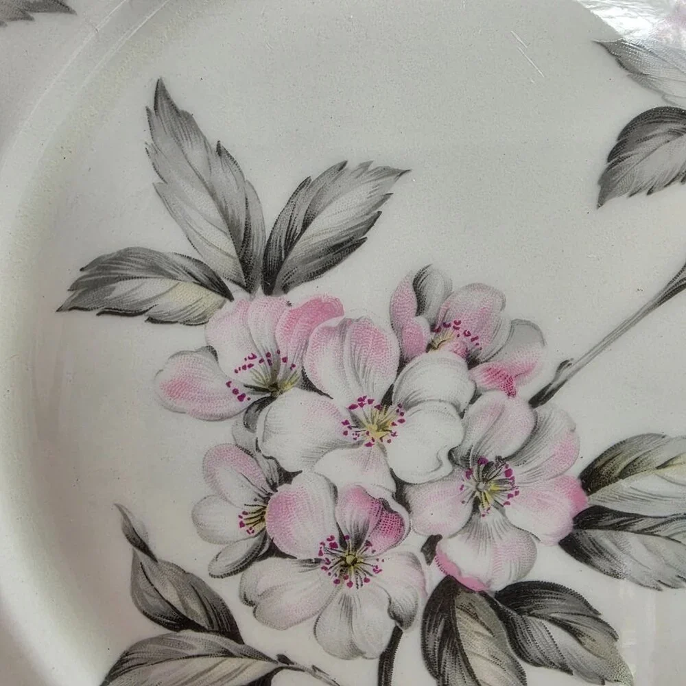 TWO Manor House Spring Glory Dinner Plates Pink & White Floral Gray Leaves